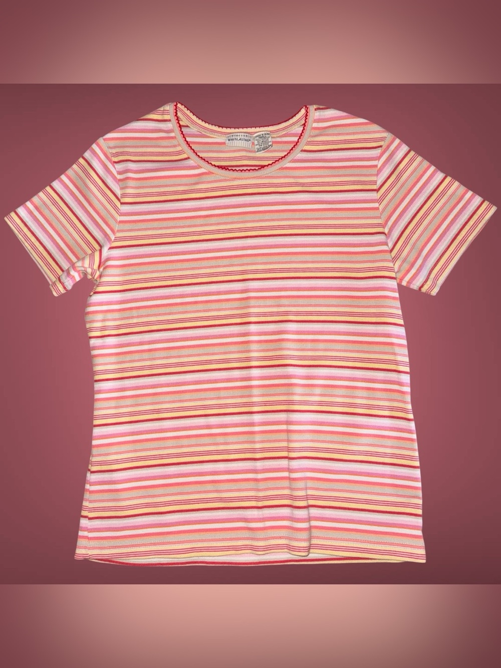 Vintage Y2K White Stag Pink & Yellow Striped Ribbed Picot Trim Tee Small